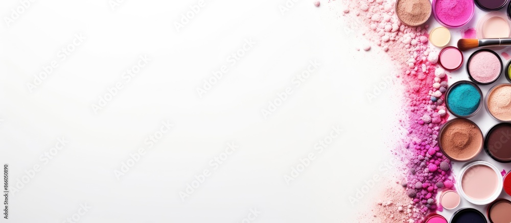 Aufkleber Decorative cosmetics and brushes creatively arranged in a frame on a white background in a top-view copy space image.