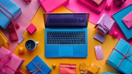 Top view of a laptop surrounded by various colorful gift boxes, ready for online shopping or festive preparations.