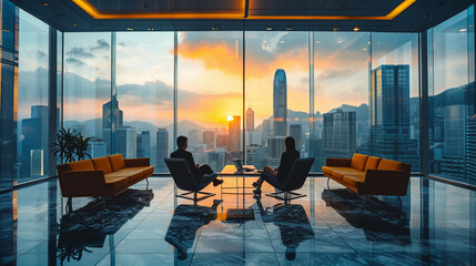 Fototapeta premium Two people sit in a modern office with a panoramic city skyline view at sunrise, discussing business strategies.