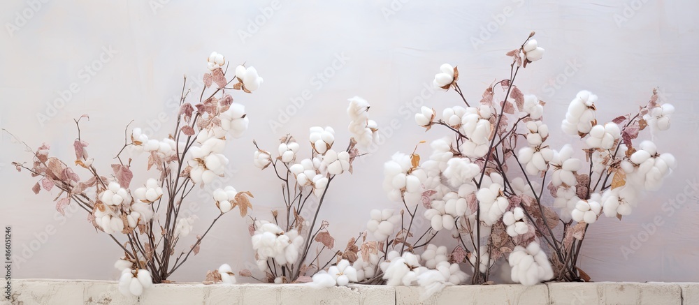 Poster dried branches adorned with cotton flowers against a white brick wall creating a blurry floral backg
