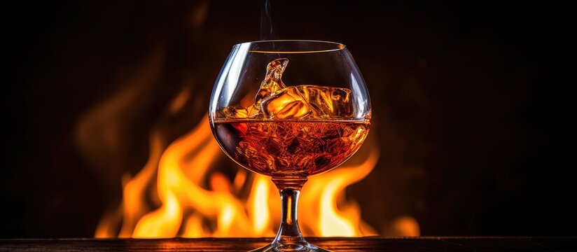 Image of a brandy snifter over a flame with room for text, representing strong alcoholic beverages. with copy space image. Place for adding text or design