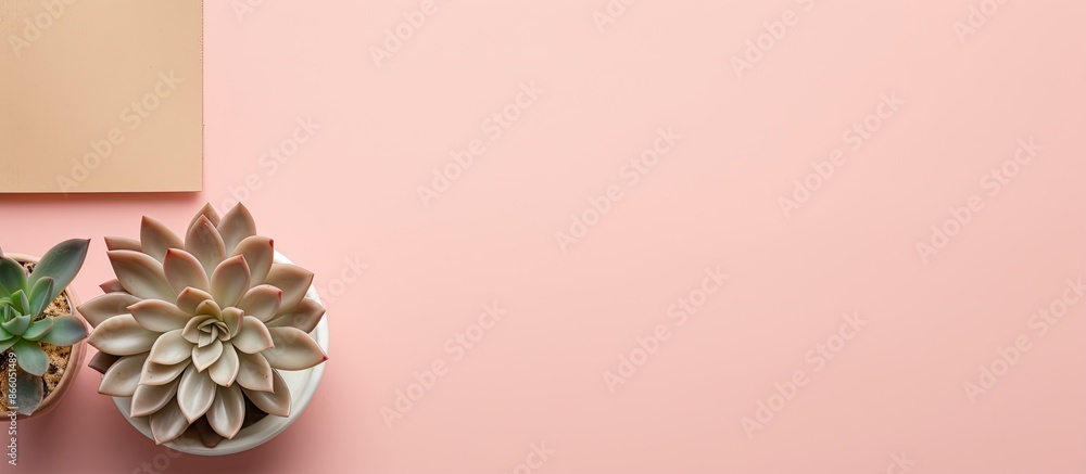 Poster Top view of a workspace featuring pink sticky notes and a succulent plant, with copy space image.