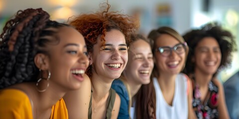 Obraz premium Women of different backgrounds laughing together in a bright room, showcasing unity and joy. Concept Friendship, Diversity, Laughter, Unity, Empowerment