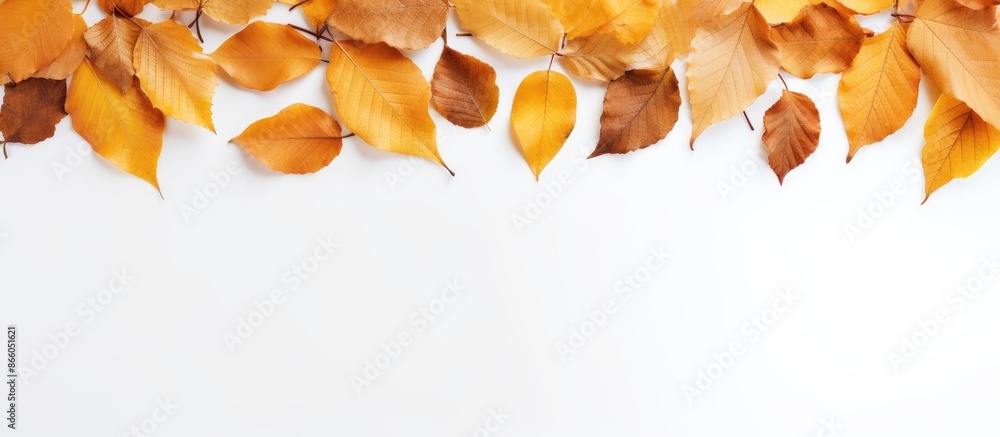Aufkleber fall-themed backdrop using a border of dried autumn leaves on a white background, conveying an autum