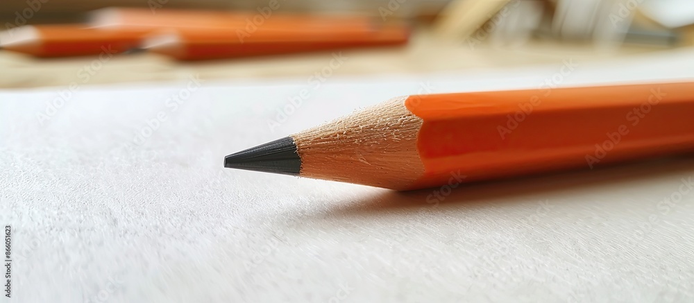 Poster Top view of an orange pencil placed on a sheet of paper with a drawing, providing ample space for adding text within the image.