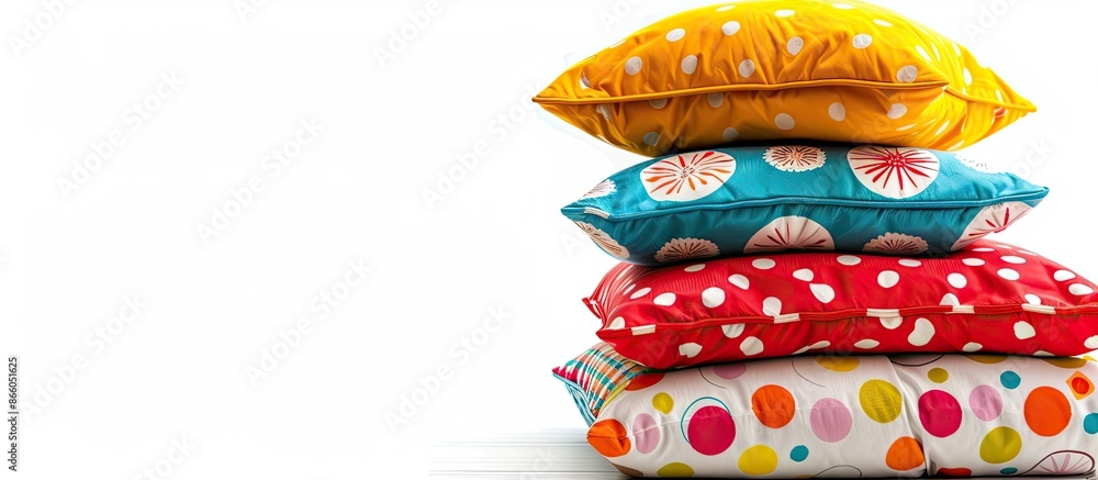 Poster Stack of colorful decorative funny pillows isolated. with copy space image. Place for adding text or design