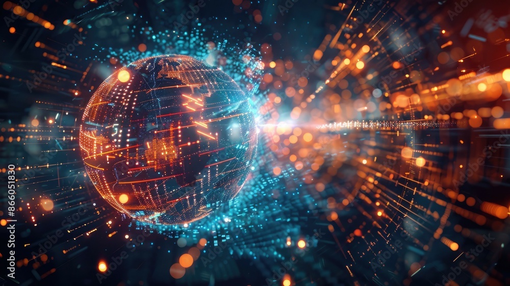 Poster a hightech digital sphere symbolizing the future of quantum computing and data visualization in cybe