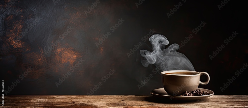 Poster old surface with a steaming cup of black coffee on it, providing a rustic ambiance with a vintage fe