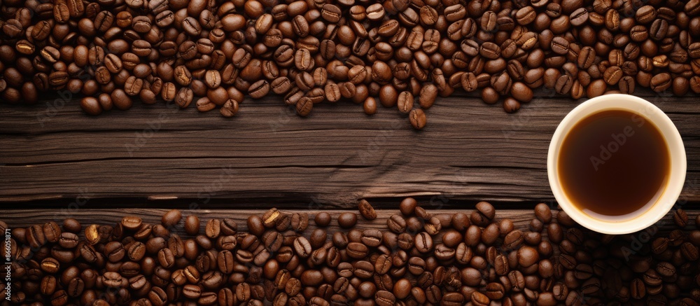 Poster a top view of a laptop on a wooden surface beside an iced coffee and coffee beans, creating a rustic