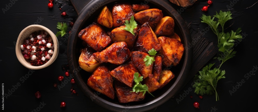 Poster top view of a gray ceramic mold filled with roasted chicken in pomegranate sauce and potatoes on a d