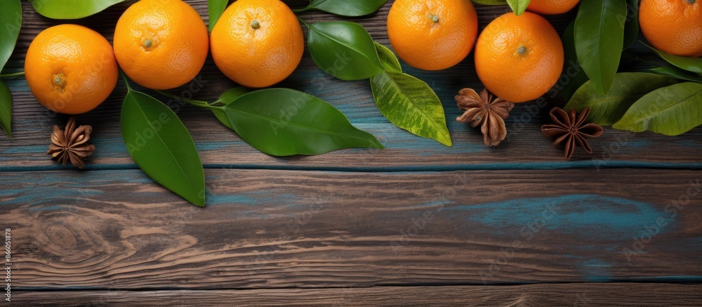 Aufkleber top view of fresh, ripe tangerines with leaves, walnuts, and cinnamon on a wooden background in a cl