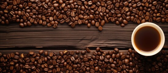 Fototapeta premium A top view of a laptop on a wooden surface beside an iced coffee and coffee beans, creating a rustic composition with available copy space image.