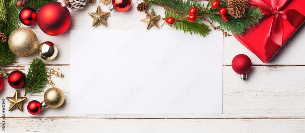 Poster colorful christmas decorations and a letter to santa arranged in a flat lay composition with a copy 