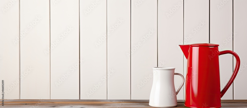 Fototapete Retro milk can and mug placed on a wooden table with a white background, suitable for adding text or graphics with copy space image.