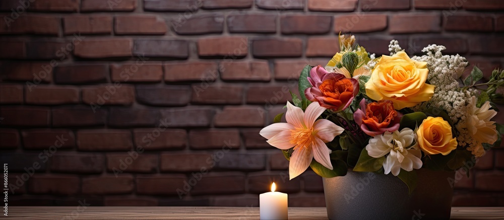 Poster Flowers and a candle displayed on a table with a brick wall in the background, creating a picturesque scene with copy space image.