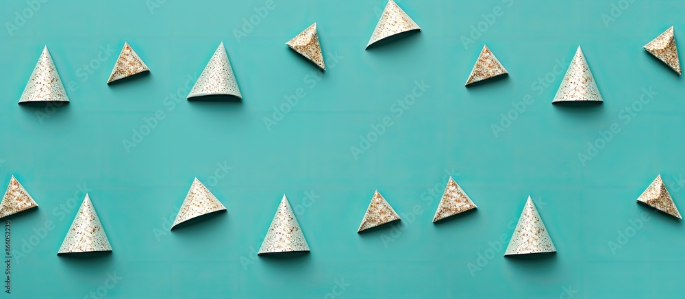 Poster Flat lay top view of a minimal creative cone frame arrangement pattern on a colored background for a Christmas-themed image with copy space.