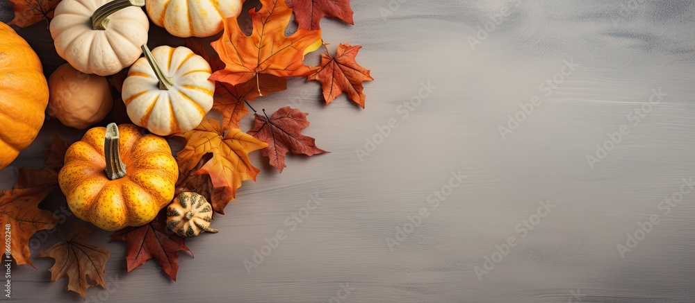 Aufkleber fall-themed arrangement of pumpkins and dried leaves on a soft gray backdrop. perfect for autumn, ha