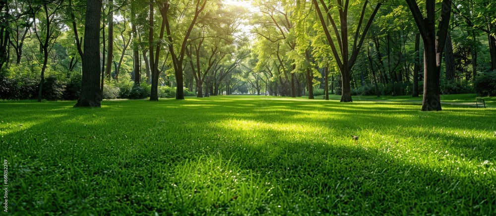 Aufkleber Summer background featuring a well-maintained green park lawn under trees, perfect for inserting text or images. with copy space image. Place for adding text or design