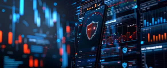 Obraz premium authentication login or cybersecurity fingerprint and secure online connection of professional trading or financial personal electronic banking account, wide futuristic 