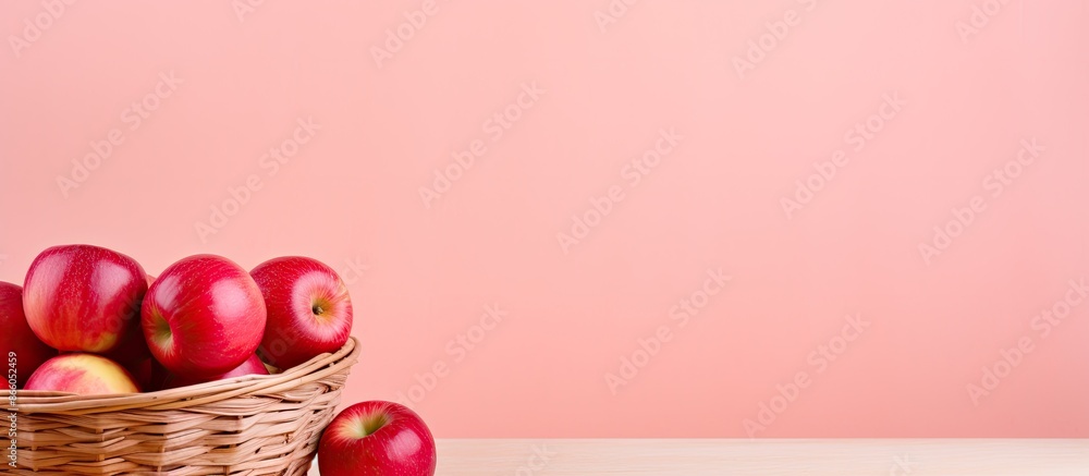 Poster a basket with red apples arranged neatly on a soft pink surface with copy space image.