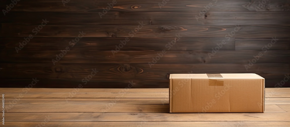 Poster Cardboard box placed on a wooden table with copy space image available.