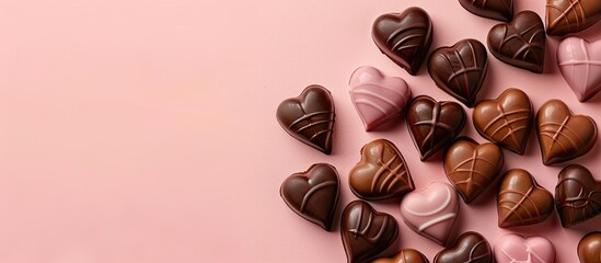 beautiful chocolate hearts pastel background  Food  Isolated. with copy space image. Place for adding text or design