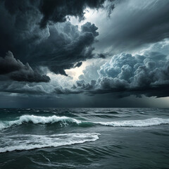 Fototapeta premium A stormy sky above a calm, reflective ocean, symbolizing internal struggle and external calm