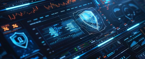 Fototapeta premium authentication login or cybersecurity fingerprint and secure online connection of professional trading or financial personal electronic banking account, wide futuristic 