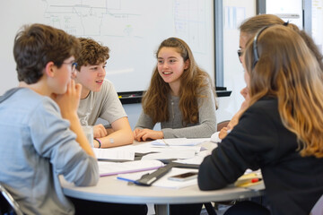 Obraz premium Portrait Of Smiling Male And Female Students In Grade School Classroom. black students middle school