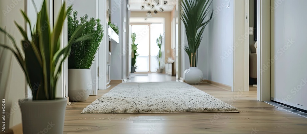 Poster Stylish rug on floor in interior of modern hallway. with copy space image. Place for adding text or design