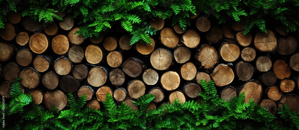 Poster the background features vibrant green leaves and sizable logs, ideal for a copy space image.