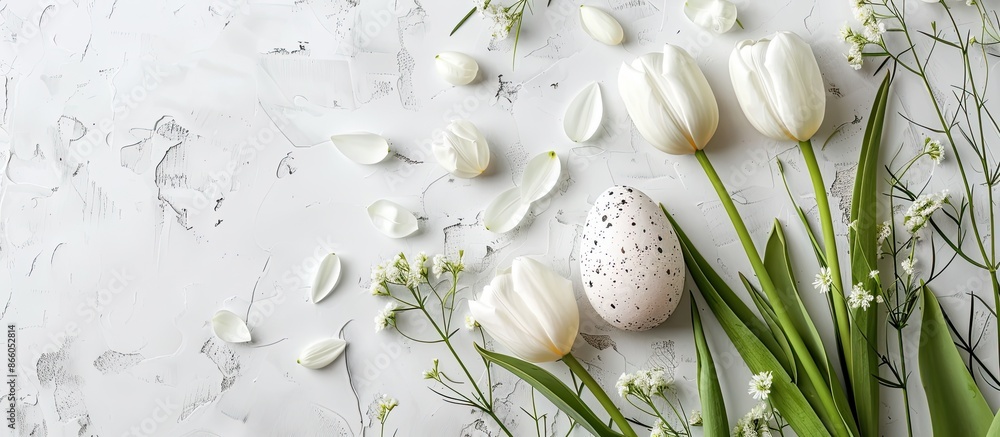 Leinwandbilder easter-themed flat lay with a chic egg and tulip arrangement on a rustic white surface, featuring a 