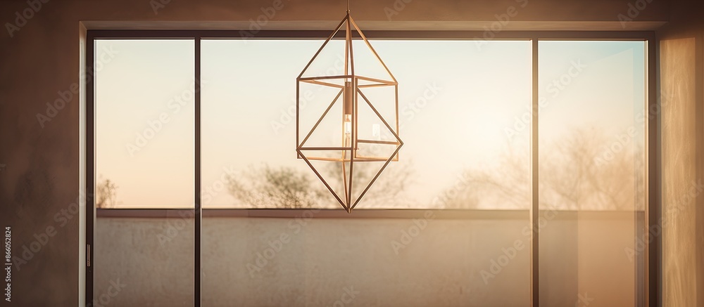 Poster Geometric chandelier hanging in a square frame against a window and wall in a home with copy space image.