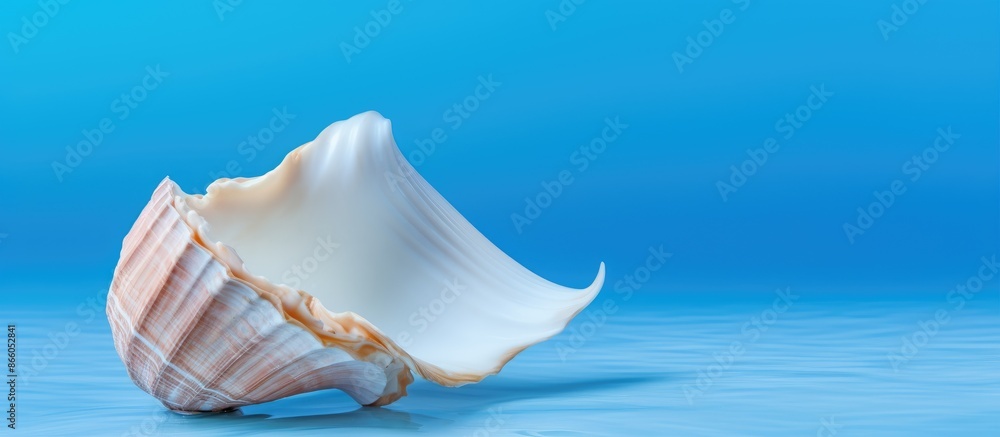 Poster a conch shell on a blue surface, with ample copy space image.