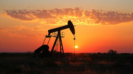 Naklejka premium Silhouette of an oil pumpjack against a dramatic sunset sky, with orange and yellow hues highlighting the scene.