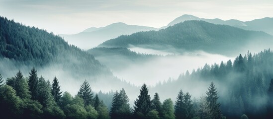 Obraz premium Scenic misty woodland in the mountainous landscape with a captivating morning ambiance, with space for text or graphics in the photo. with copy space image. Place for adding text or design