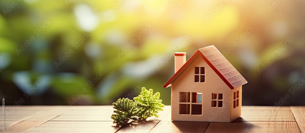 Poster house keys with a house-shaped figure are placed on a desk, with a blurred background providing ampl