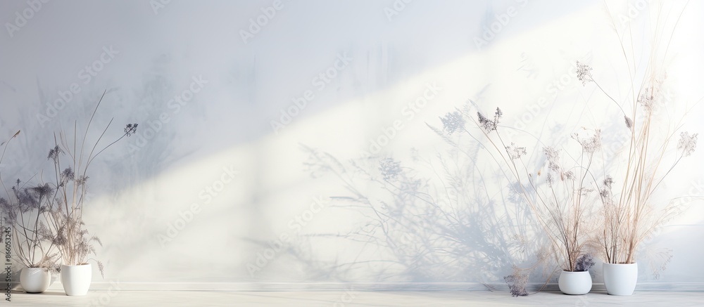 Leinwandbilder Delicate grass shadows on a white wall create an abstract neutral nature background with a blurred, overlay effect suitable for adding text on this copy space image.