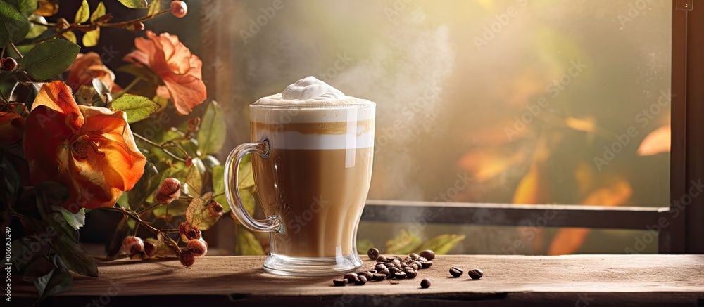 Poster Steaming latte or frothy cappuccino in a glass mug on a rustic wooden table accompanied by date fruits, offering a perfect copy space image.