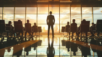 Boardroom Leadership. This image captures a confident leader standing at the head of a boardroom table, silhouetted against the light streaming in through large windows.