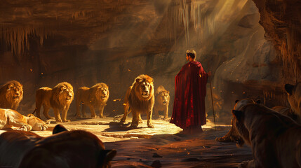 Daniel in the Lions' Den. This powerful illustration depicts the biblical scene of Daniel in the lions' den. 