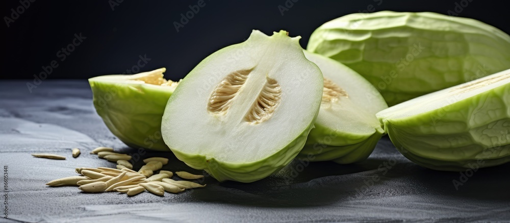 Poster close-up of a sliced and whole chayote on a gray table with copy space image.