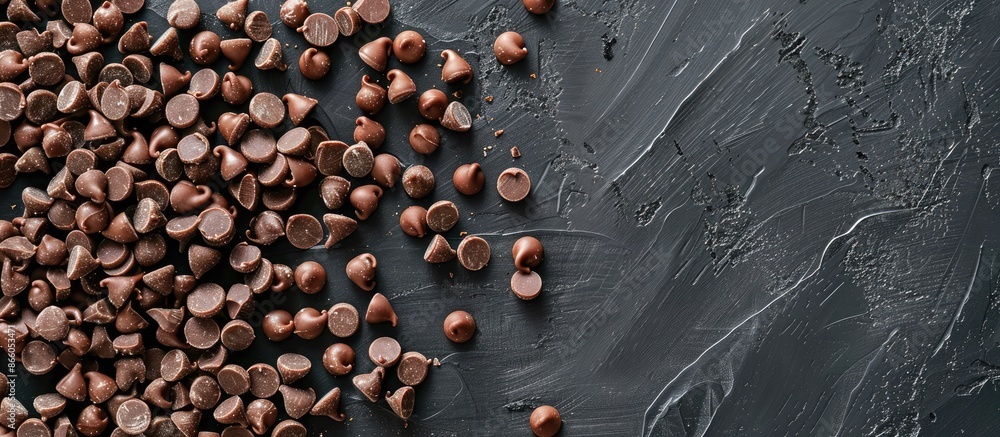 Poster Chocolate candies on a black backdrop with scattered chocolate chips for a copy space image.