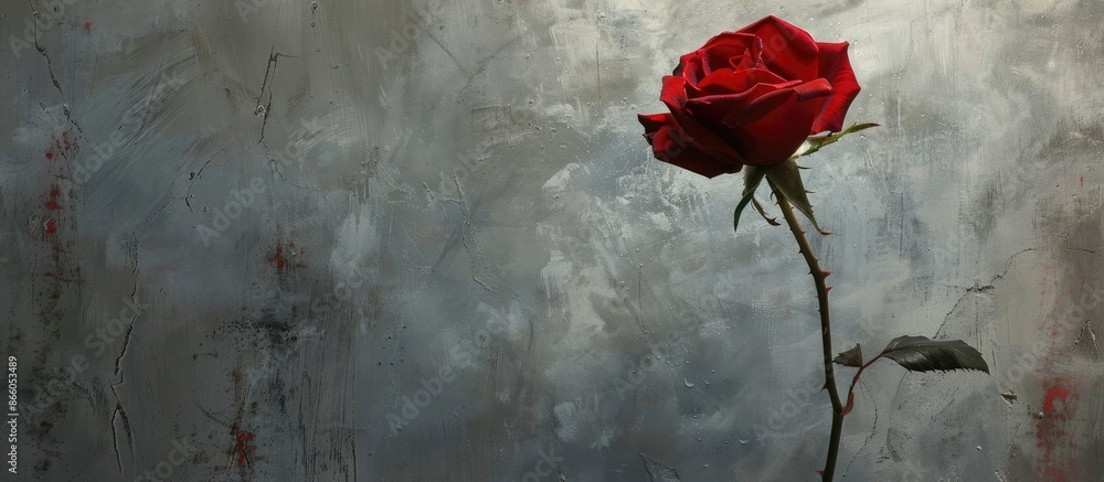 Poster a single red rose blooming on a subtle grey backdrop, shown up-close with detailed texture, ideal fo