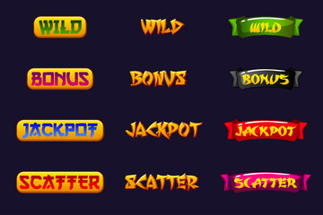 Set of Slot Word - Win, Scatter, Wild, Bonus, and Jackpot. Chinese Style Icons for 2D Games and Casino or Slots