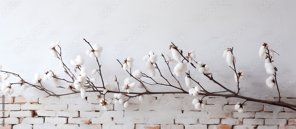 Poster dried branches adorned with cotton flowers against a white brick wall creating a blurry floral backg