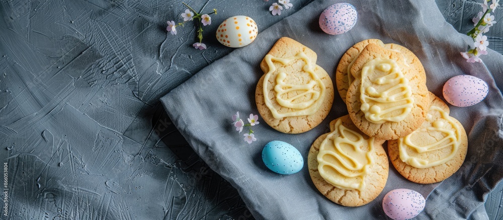 Poster homemade butter and sugar easter cookies displayed on a grey linen napkin with copy space image.