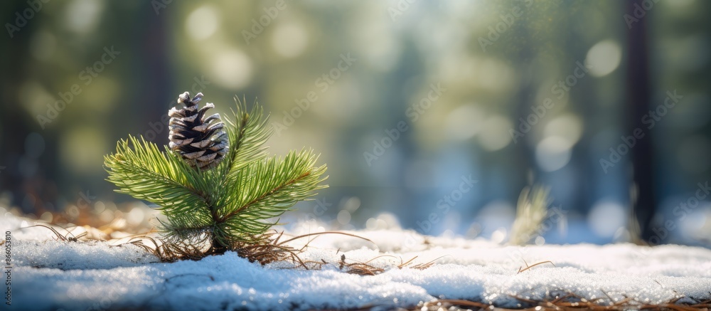 Poster snow-covered pine sapling in a sunlit forest with a backdrop for copy space image.