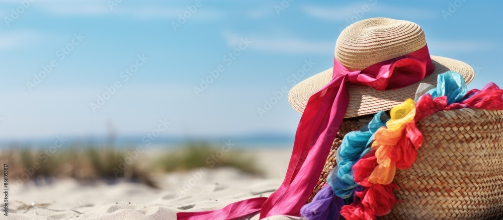 Poster straw bag adorned with a vibrant scarf, ideal for a stylish look with a copy space image.