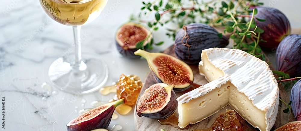 Aufkleber top view of camembert or brie cheese paired with fresh figs, honeycomb, and a glass of wine on a ser